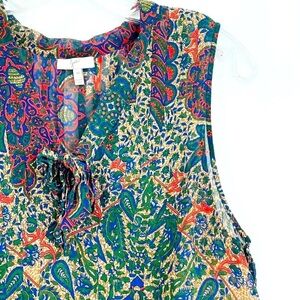 Joie paisley pintuck pleated tie neck top